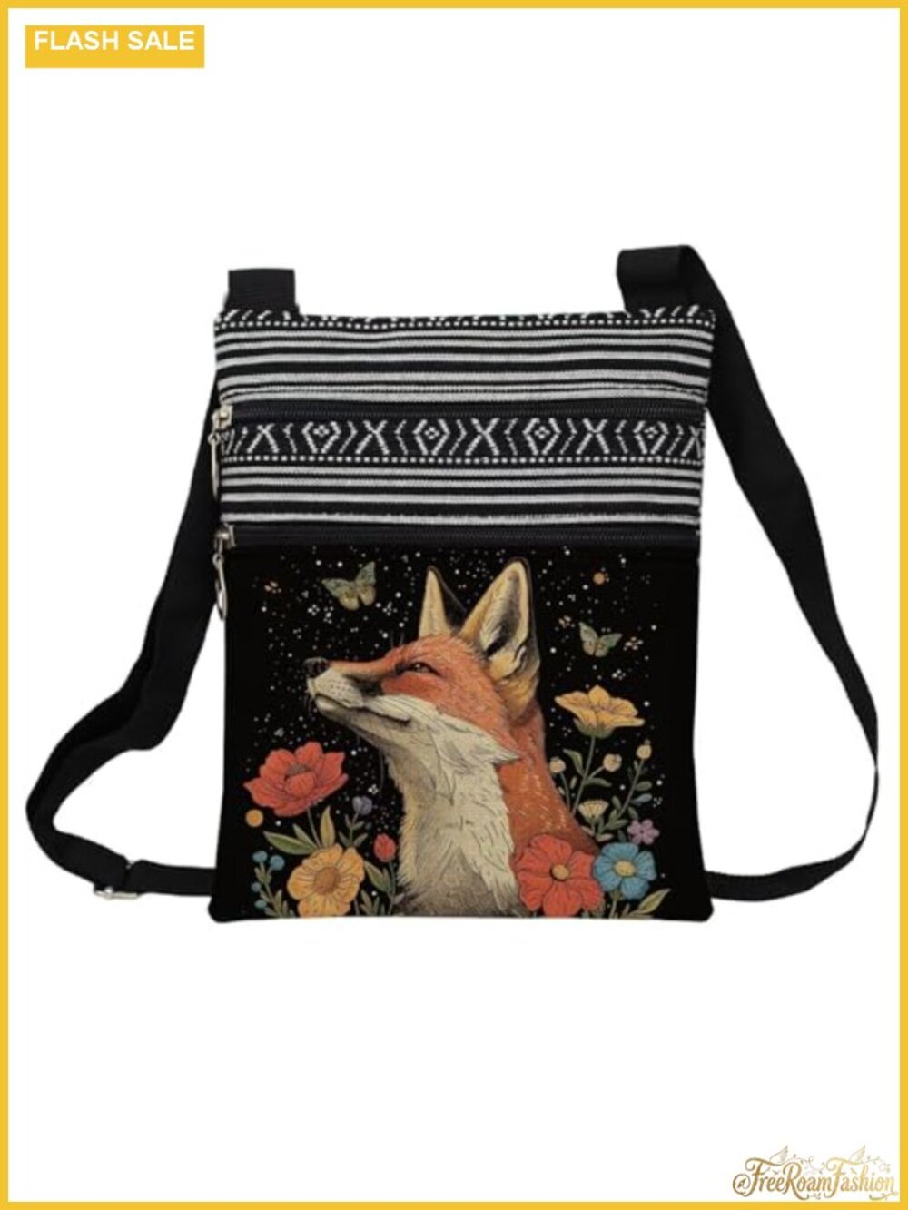 Polyester Floral Fox Crossbody Bag Adjustable Strap - Ethnic